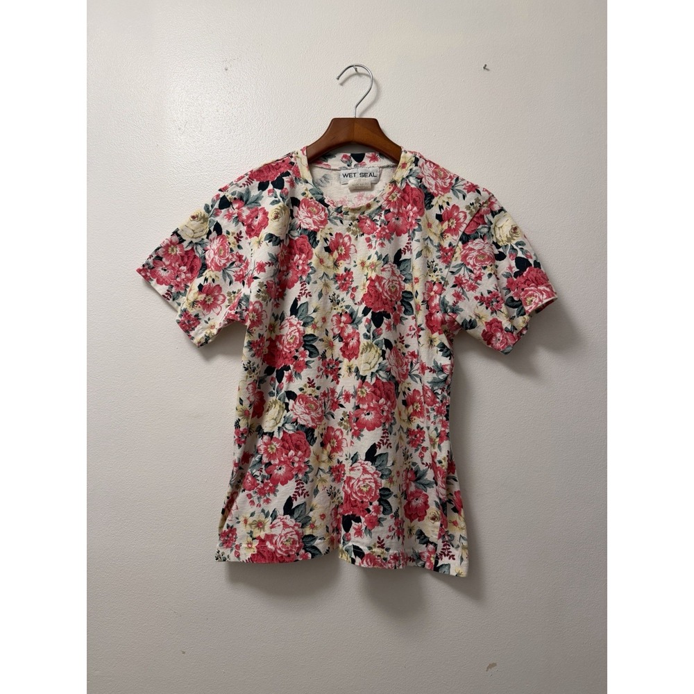 Y2K Wet Seal Floral White Pink T Shirt Top Women's Size XS Made in USA 90s